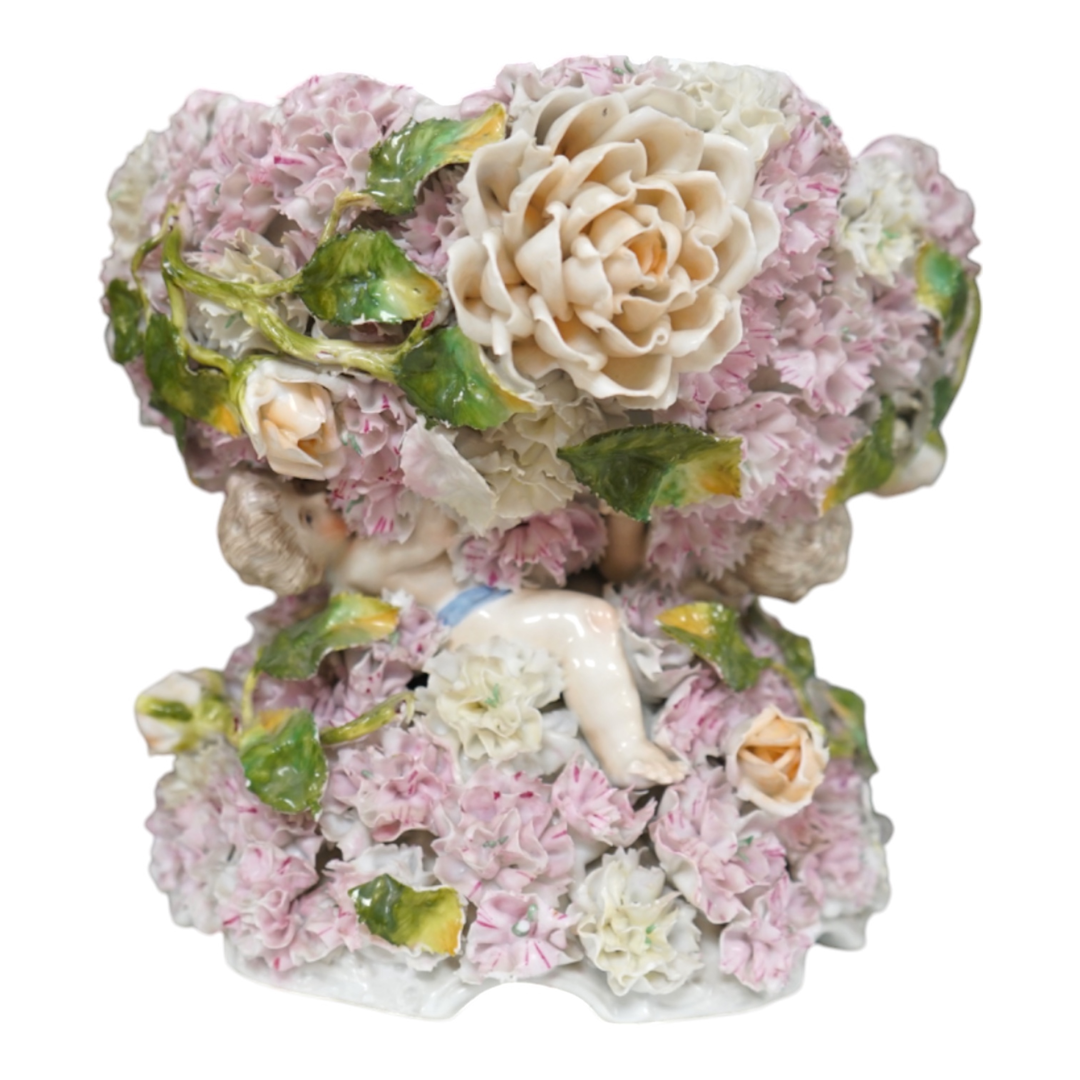 A Sitzendorf figural and flower encrusted jardiniere, 24cm in diameter. Condition - fair to good, minor losses